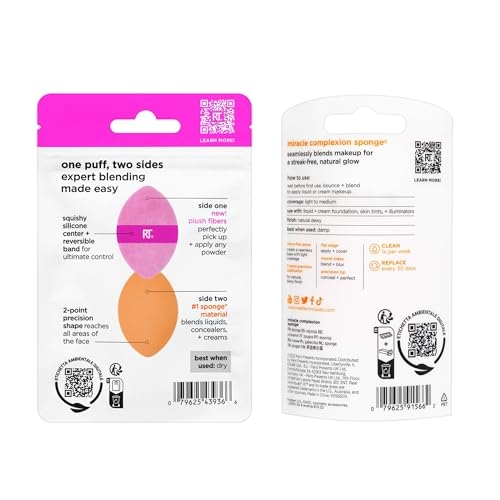 Real Techniques Miracle Complexion Sponge + Miracle 2-In-1 Powder Puff, Makeup Blending Sponge & Dual-Sided Powder Puff, For Liquids, Creams, & Powders, Vegan & Latex-Free, 2 Count - Image 2
