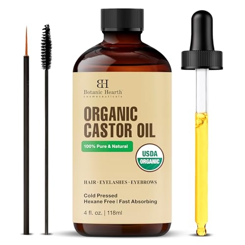 Botanic Hearth Castor Oil | USDA Certified Organic |100% Pure & Hexane Free | Cold Pressed | for Eyelashes, Eyebrows, Hair | With Eyebrow & Eyelash Brush | 4fl oz