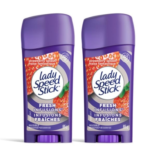 Lady Speed Stick Antiperspirant Deodorant, Strawberry Splash, Twin Pack (2 x 65g) – 24-Hour Sweat and Odor Protection, Invisible Clear Formula, Long-Lasting Fresh Scent, Daily Use for All-Day Confidence