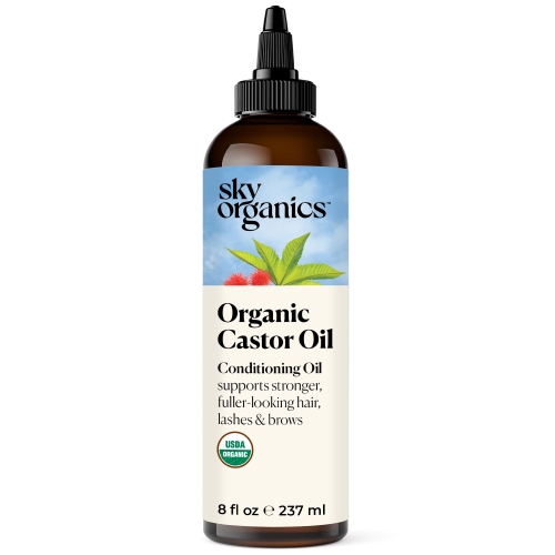 Sky Organics Organic Castor Oil, 100% Pure, Hexane Free, Cold-Pressed to Support Stronger, Fuller-Looking Hair, Eyelashes & Eyebrows,Good for Castor Packs, Navel Oiling, Carrier Oil Use, 8 fl oz