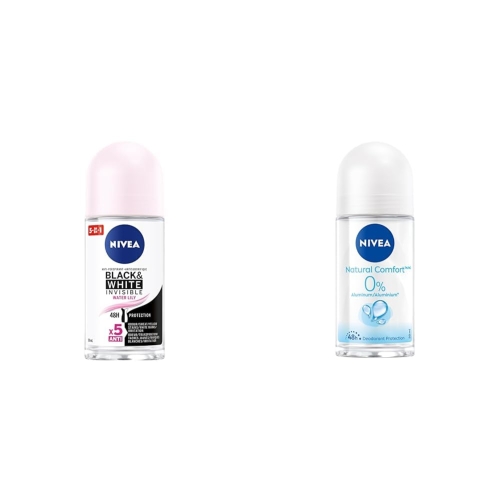 NIVEA Black & White Invisible 48H Protection Water Lily Anti-Perspirant Roll-On, 50ml & Natural Comfort 0% Aluminum 48H Roll-On Deodorant, 50ml