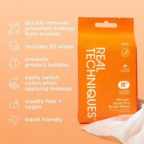 Real Techniques Miracle Quick Dry Brush Wipes, Remove Product Build-Up, Easily Switch Colors, Fast Drying, Convenient Makeup Brush Cleaner, Travel-Friendly, Cruelty-Free & Vegan, 20 Count - Image 9