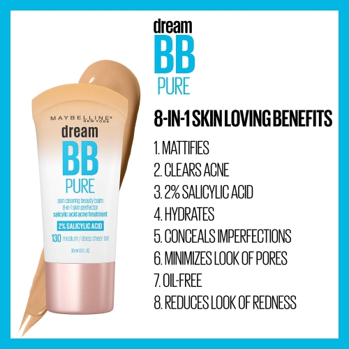 Maybelline Dream Pure Skin Clearing BB Cream, 8-in-1 Skin Perfecting Beauty Balm With 2% Salicylic Acid, Sheer Tint Coverage, Oil-Free, Medium, 1 Count - Image 8